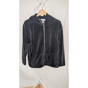 Cotton Couture Women's Velour Full Zip Hooded Track Jacket Sz L Black Y2K